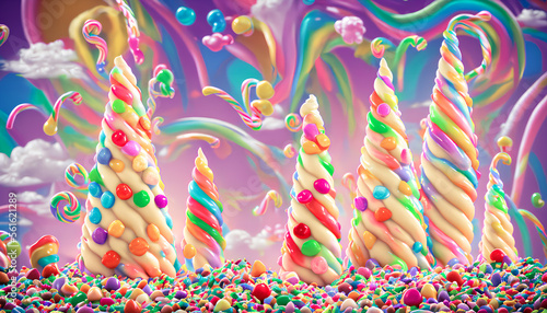 A fairy tale landscape full of ice cream and sweets is a dreamy and delightful scene. Generative AI