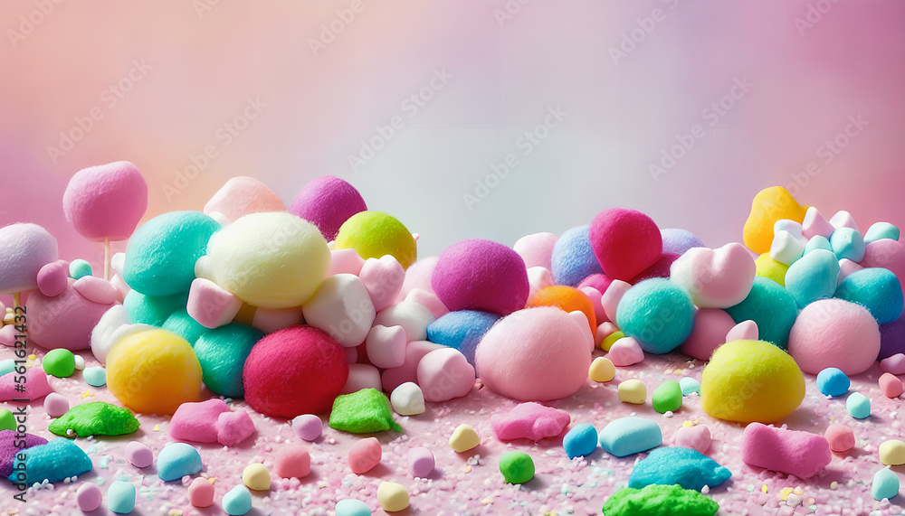 A fairy tale landscape full of sweets, candies, and cotton candy creates a whimsical and fantastical scene, candy landscape. Generative AI