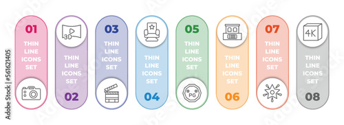 cinema infographic element with outline icons and 8 step or option. cinema icons such as dslr camera, 3d video, cinema clapperboard, chair, parental guidance, box office, famous star, 4k vector.