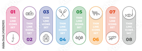 camping infographic element with outline icons and 8 step or option. camping icons such as hook, log, lamp, oar, pines, deck chair, canoe, fishing vector.