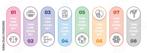business and analytics infographic element with outline icons and 8 step or option. business and analytics icons such as connected data, shredder, data analytics flow, business plan, database