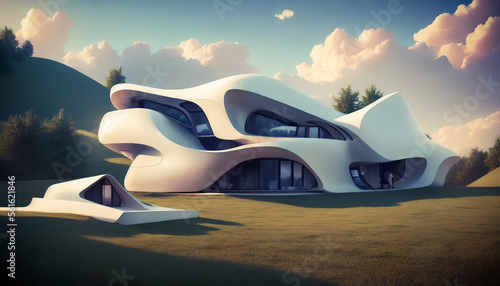 Beautiful futuristic house on the hill. Generative AI