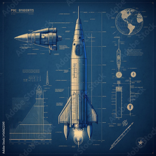 Blueprint of retro rocket, generative ai