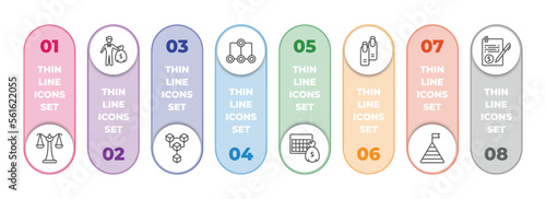 business infographic element with outline icons and 8 step or option. business icons such as scale in balance, man carrying money, connection box chart, item connections, economy games, nails, stats