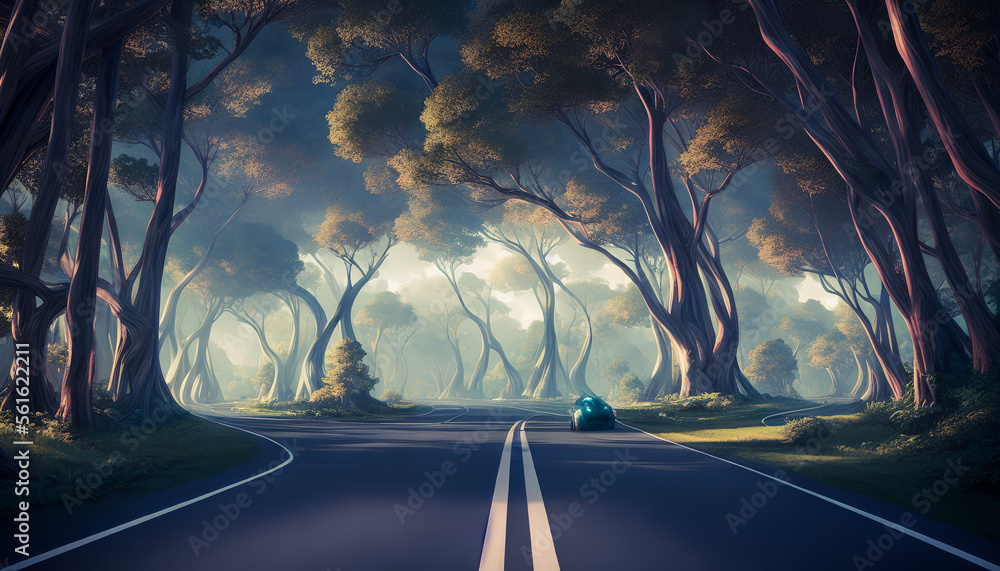 A futuristic road winds through a dense forest in this abstract painting. The use of contrasting colors and bold lines convey a sense of technological advancement and progress. Generative AI - obrazy, fototapety, plakaty 