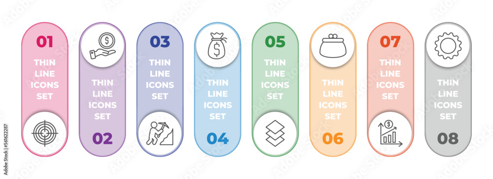 business infographic element with outline icons and 8 step or option. business icons such as circular target, give money, worker digging a hole, money sack, stack, coin purse, finance, tool button