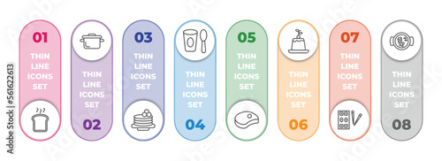 bistro and restaurant infographic element with outline icons and 8 step or option. bistro and restaurant icons such as toasted bread, bistro pot, crepe cream, yogurt with spoon, beef chop, creme