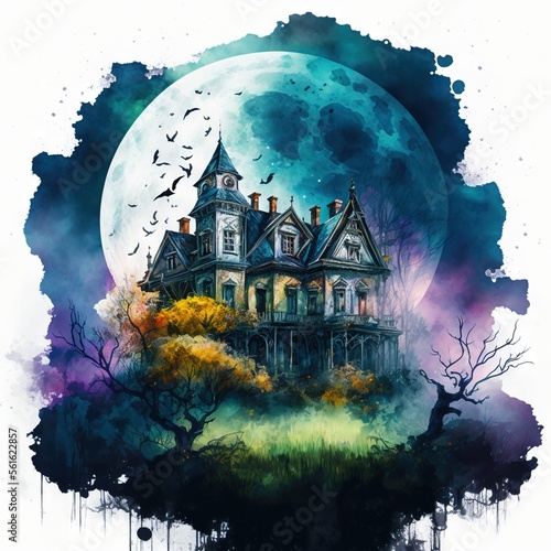  a painting of a house with bats flying around it and a full moon in the background with a spooky sky and trees in the foreground, with a splotting,. generative ai generative ai photo