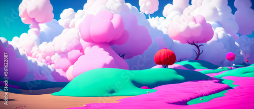 A fairy tale landscape full of sweets, candies, and cotton candy creates a whimsical and fantastical scene. Generative AI