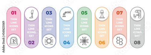artificial intellegence infographic element with outline icons and 8 step or option. artificial intellegence icons such as artificial atmosphere, prosthesis, unsupervised learning, mechanical arm,