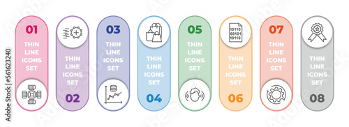 artificial intellegence infographic element with outline icons and 8 step or option. artificial intellegence icons such as nano sensor, match moving, prediction, shopping bag, immersive, binary,