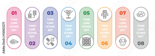 artificial intellegence infographic element with outline icons and 8 step or option. artificial intellegence icons such as hyperloop, data transfer, outer space, technology tree, ai grid, robot,