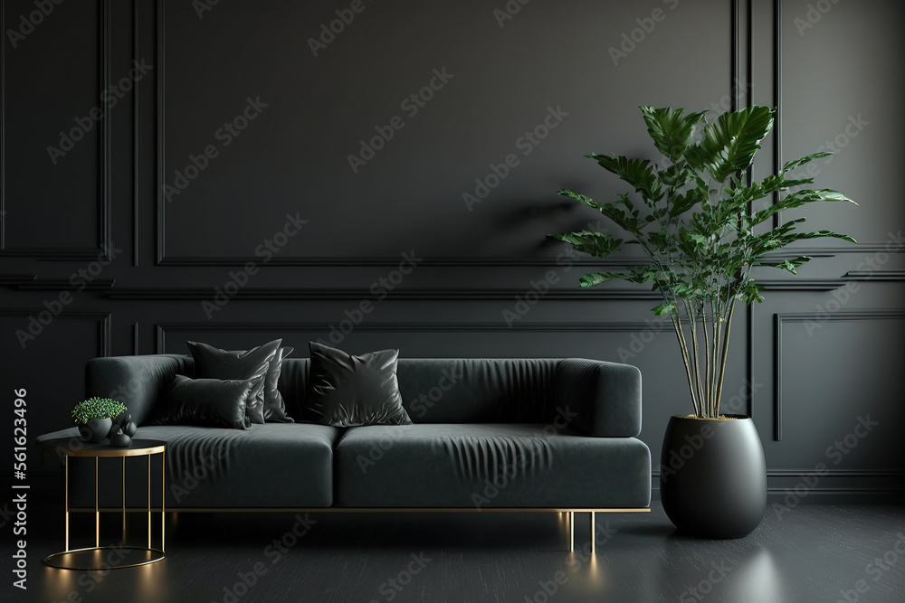 Black interior modern classic. A large black sofa a sofa in