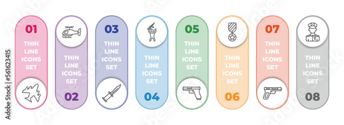 army and war infographic element with outline icons and 8 step or option. army and war icons such as plane, helicopter, combat knife, rebellion, gun, in, , general vector.