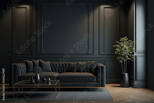 Black interior modern classic. A large black sofa, a sofa in expensive fabric, a green houseplant. Black dark room. AI © MiaStendal