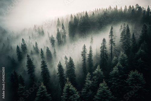 Beautiful foggy dark green forest  top view  aerial photography. Fantasy forest landscape. AI
