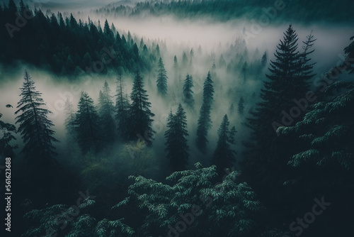 Beautiful foggy dark green forest  top view  aerial photography. Fantasy forest landscape. AI