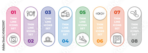 airport terminal infographic element with outline icons and 8 step or option. airport terminal icons such as forbbiden phone, clutery for lunch, picking luggage, emergency truck, plane landing,