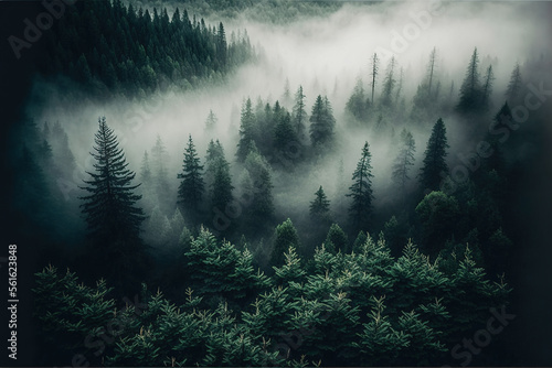 Beautiful foggy dark green forest  top view  aerial photography. Fantasy forest landscape. AI