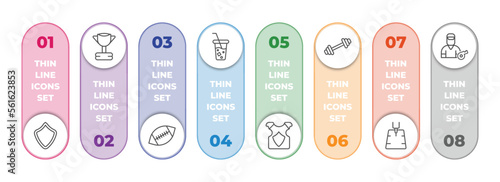 american football infographic element with outline icons and 8 step or option. american football icons such as shield, trophy, american football, soda, back protection, barbell, field, trainer