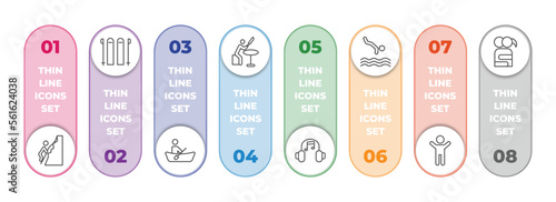 activity and hobbies infographic element with outline icons and 8 step or option. activity and hobbies icons such as rappelling, skii, boat race, knife making, listening music, jumping to the water,