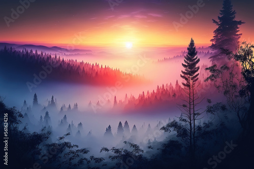 Foggy forest at a beautiful sunset, top view, mountains, fog, sunset, aerial photography. Fantasy forest landscape. AI © MiaStendal
