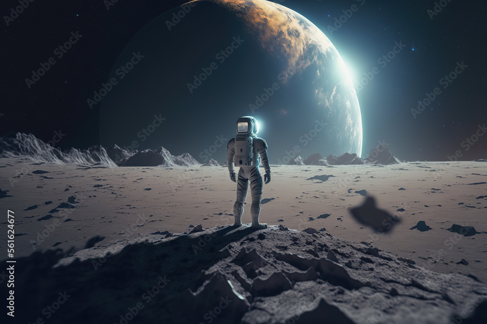 astronaut standing on the moon looking at earth, art illustration 
