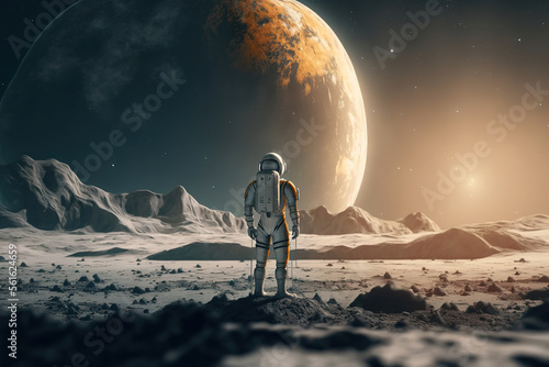 astronaut standing on the moon looking at earth  art illustration 