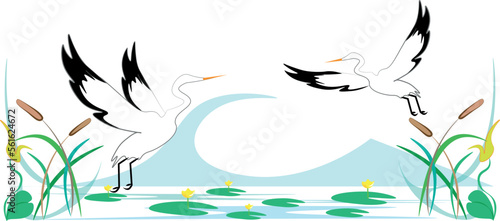 Spring nature. Illustration of a lake with water lilies. Herons fly over the flowers of the lake.