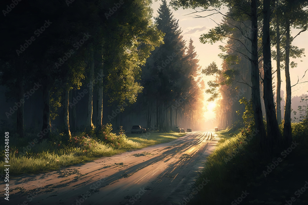 Empty road through wooded landscape in late summer morning 