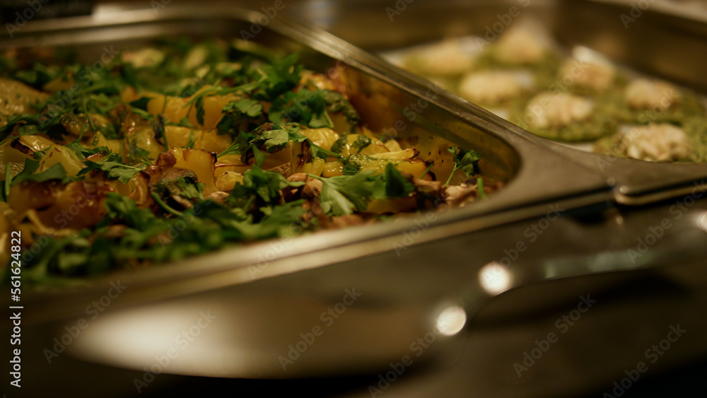 Tasty buffet food setting for hotel guests lunch in self-service cafe