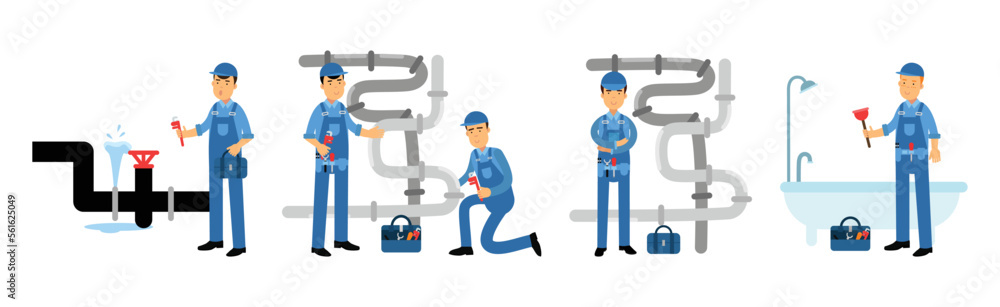 Professional Man Plumber Character in Blue Overalls Repairing and Fixing Equipment Vector Set