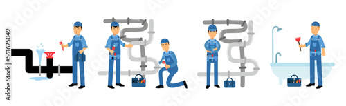 Professional Man Plumber Character in Blue Overalls Repairing and Fixing Equipment Vector Set