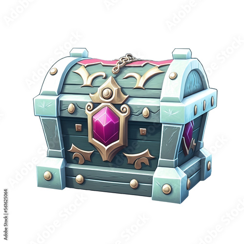 Treasure chest on transparent background. Illustration of a colorful treasure chest made of blue wood and blue metal. 3D Isometric treasure chest icon. Game asset. Casual game asset