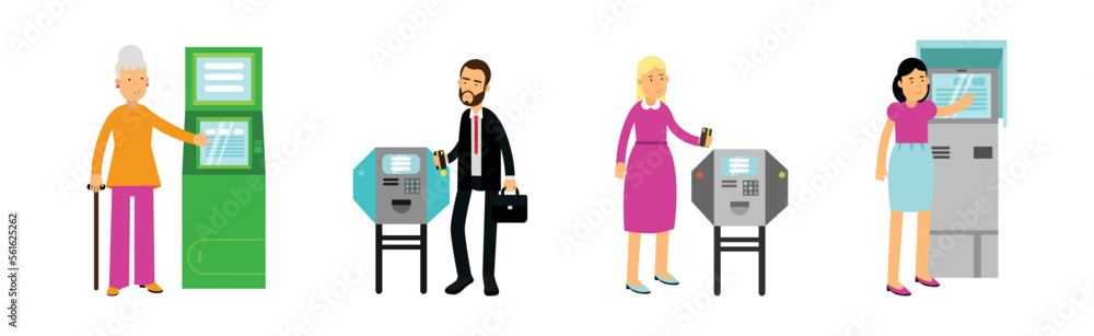 Fototapeta premium People Characters at ATM Machine Making Payment and Getting Cash Vector Set