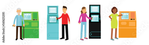 People Characters at ATM Machine Making Payment and Getting Cash Vector Set