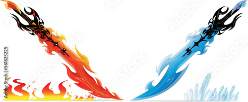 Two twin swords of ice and flame. Art of the beautiful swords. Fantasy, science fiction, games, films. A world of adventure and valor.