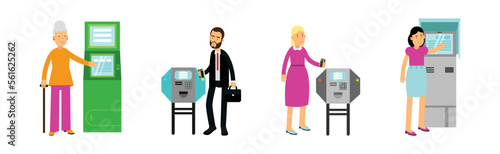 People Characters at ATM Machine Making Payment and Getting Cash Vector Set