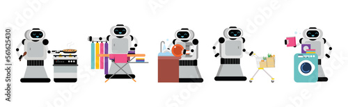 Robot Doing Housework Cleaning and Housekeeping Vector Set