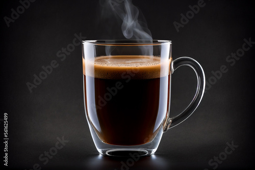 Close up shot of hot espresso coffee glass on white background. Glass of coffee with pouring and foam coffee.
