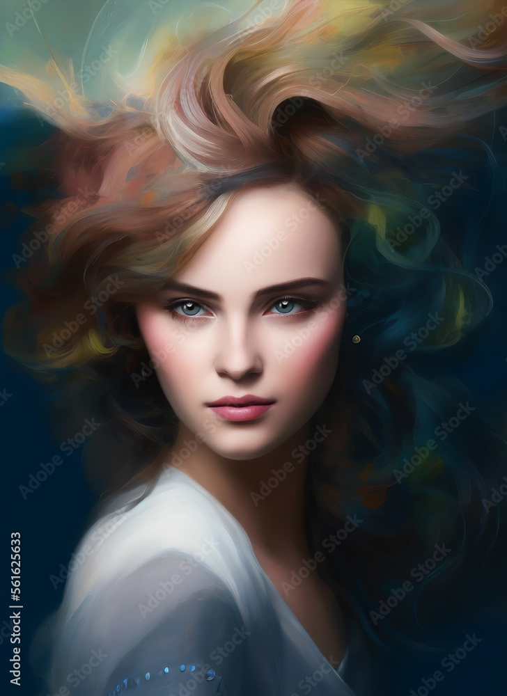 Portrait painting of a beautiful woman. Illustration of a beautiful girl. Beautiful woman painting. Generative AI