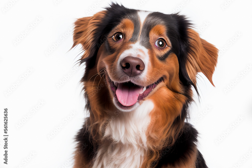 Close up portrait cute funny black brown white dog smiling on isolated white background. A beautiful dog photo for advertises.
