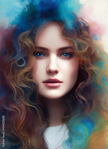 Artistic portrait of a beautiful woman with colorful hair. Generative AI