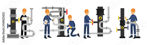 Oil Industry Worker Engaged in Maintenance and Technical Inspection Vector Set