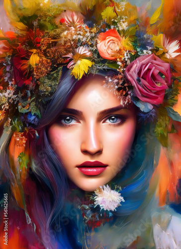 Colorful painting of a beautiful woman's face, Portrait of a beautiful woman with flowers. Generative AI