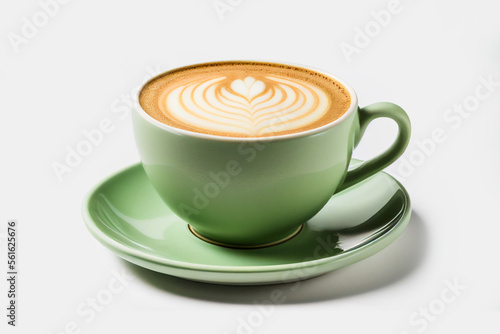 Close up shot of hot latte coffee with latte art in a ceramic green cup and saucer on white background with clipping path.