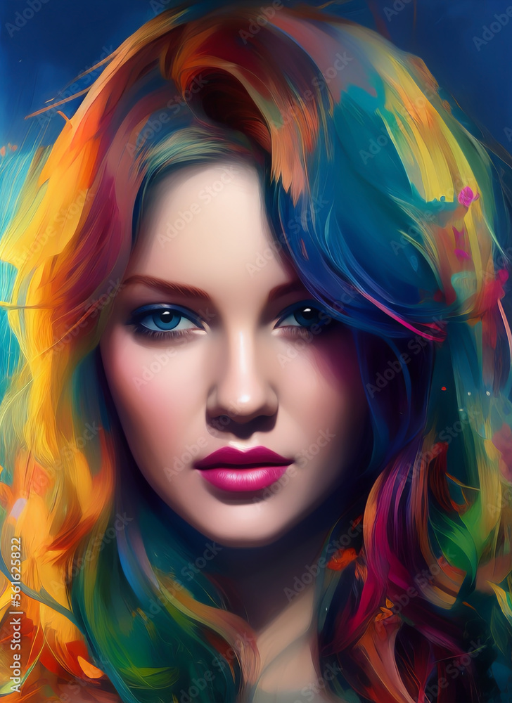 Artistic portrait of a beautiful woman with colorful hair. Generative AI