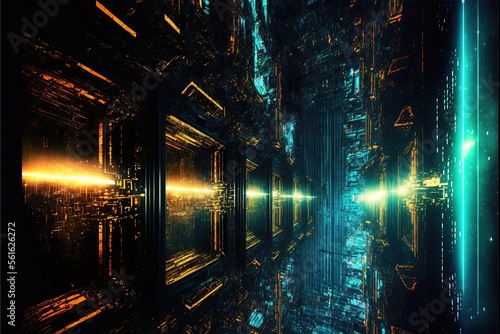 Science fiction abstract digital matrix. Sci-fi platform, neon. AI