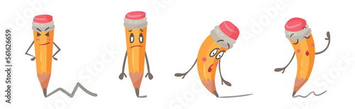 Funny Pencil Character with Face and Arms Drawing Line with Graphite End Vector Set