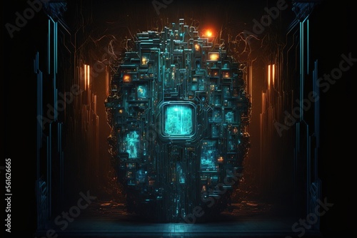 Science fiction abstract digital matrix. Sci-fi platform  neon. AI